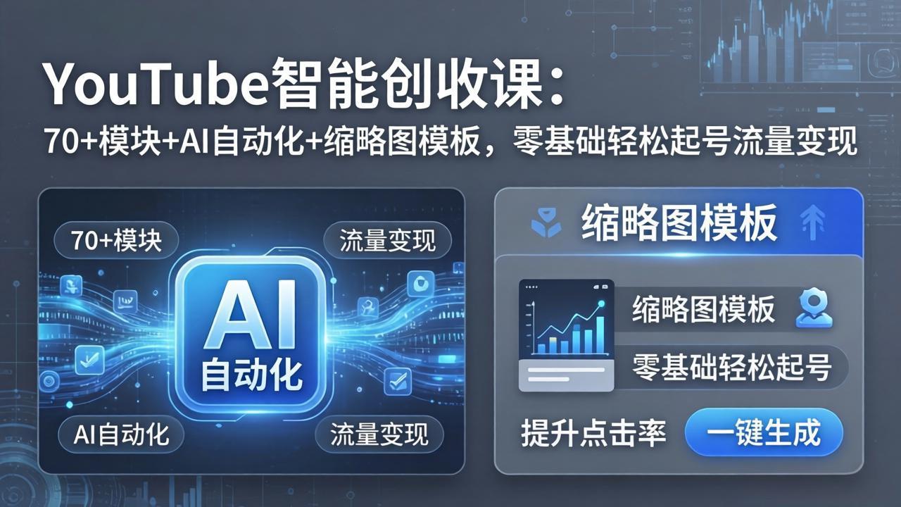 YouTube智能创收课：70+模块+AI自动化+缩略图模板，零基础轻松起号流量变现-优创云