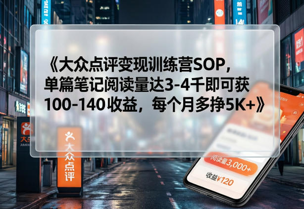 大众点评变现训练营SOP，单篇笔记阅读量达3-4千即可获100-140收益，每个月多挣5K+-优创云