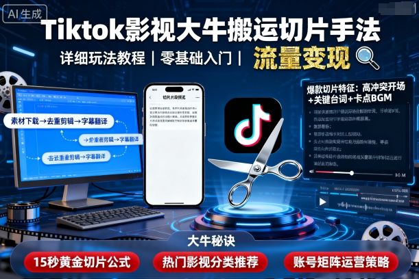 Tiktok影视大牛搬运切片手法，详细玩法教程-优创云
