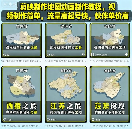 剪映制作地图动画制作教程，视频制作简单，流量高起号快，伙伴单价高-优创云