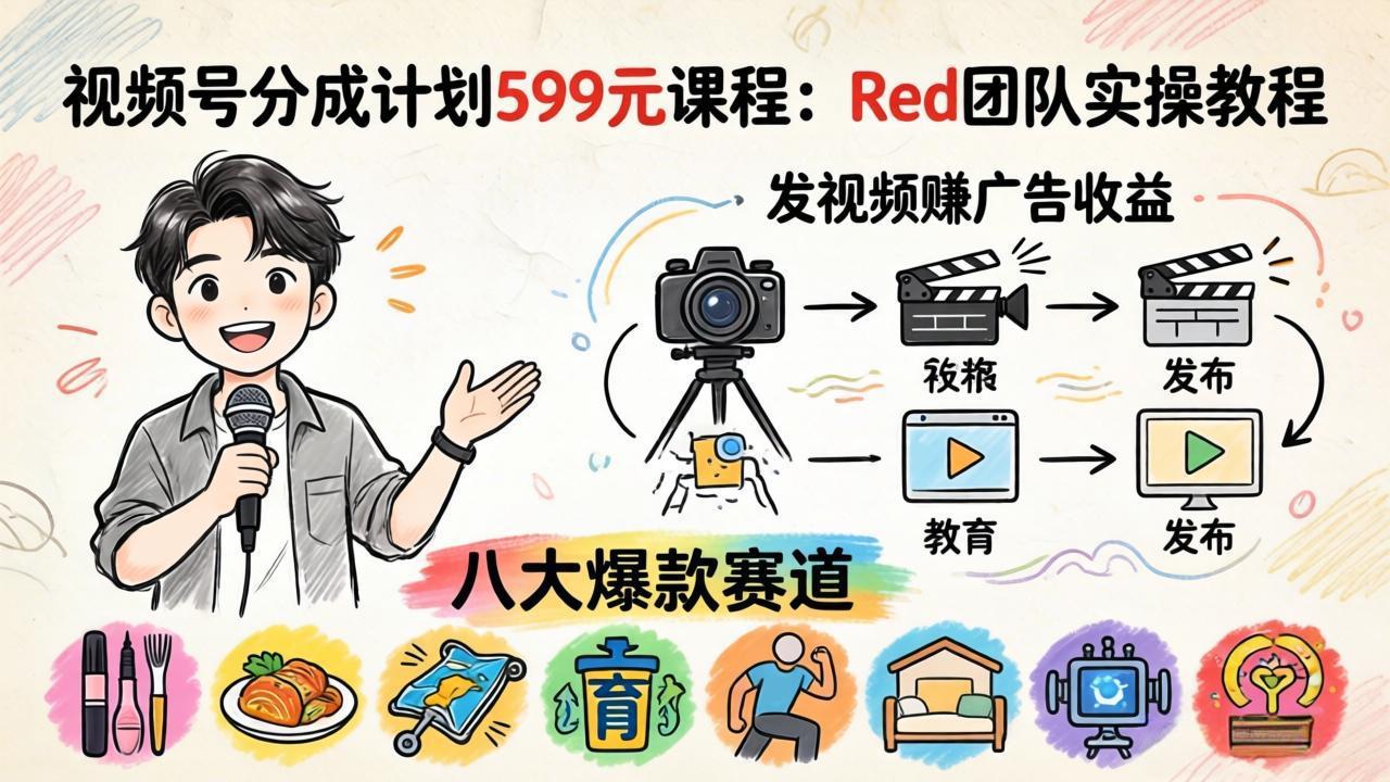 视频号分成计划599元课程：Red团队实操教程，发视频赚广告收益，八大爆款赛道全掌握-优创云